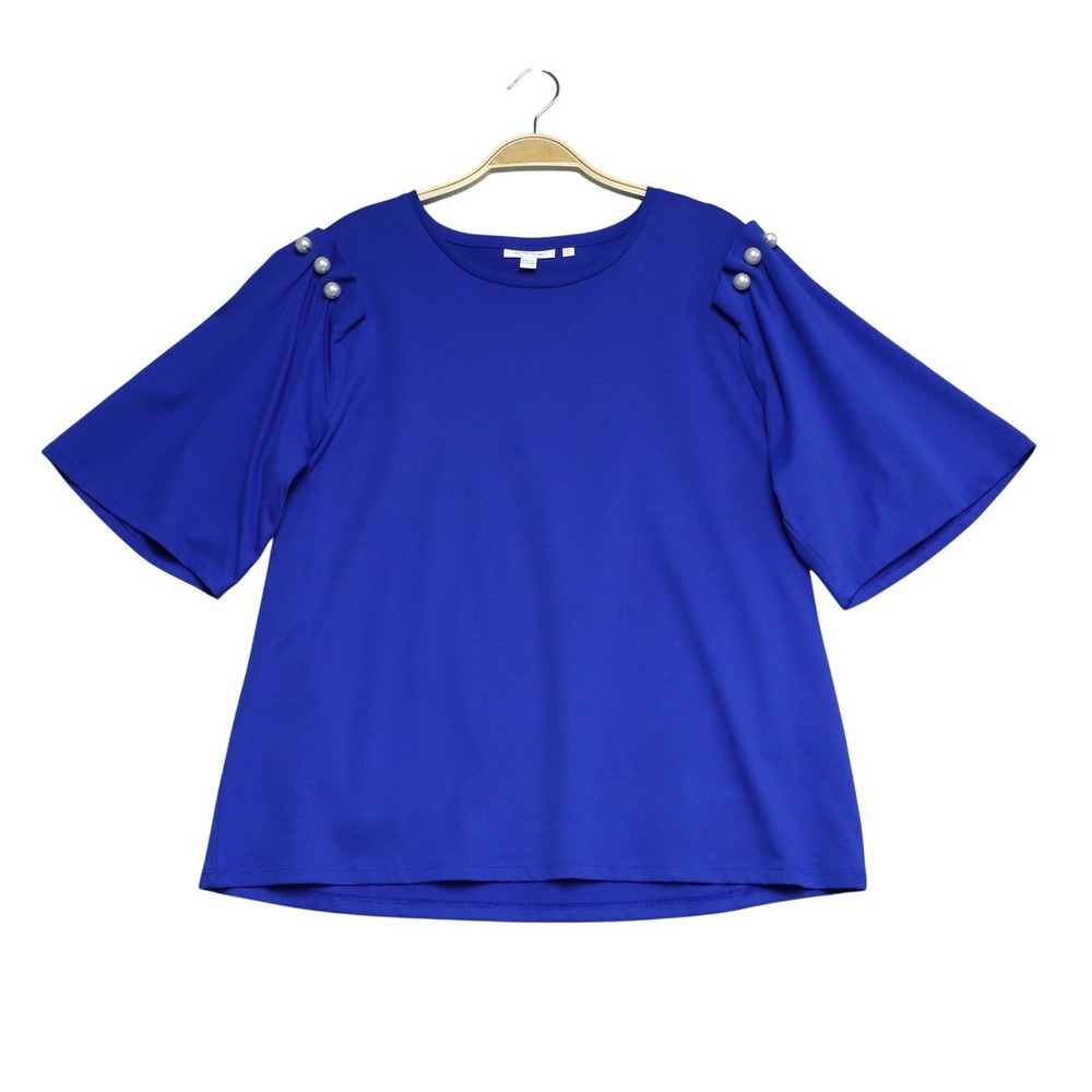 Chico's Faux Pearl Flutter Sleeve Top 2/L Blue Supima Cotton Blouse Office Chic